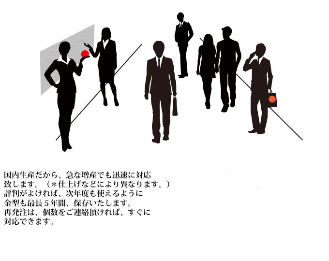 国内生産だから、急な増産でも迅速に対応致します。（＊仕上げなどにより異なります。）評判がよければ、次年度も使えるように金型も最長５年間、保存いたします。再発注は、個数をご連絡頂ければ、すぐに対応できます。